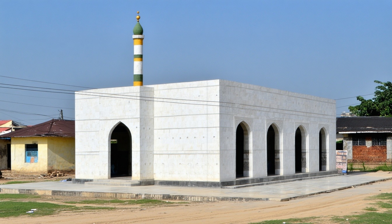 A new clean rectangular mosque built out of cheap solid material in a third world country by a charity