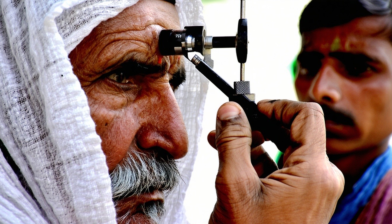 A poor person who is having their eyes checked in Pakistan with a handheld tool-1