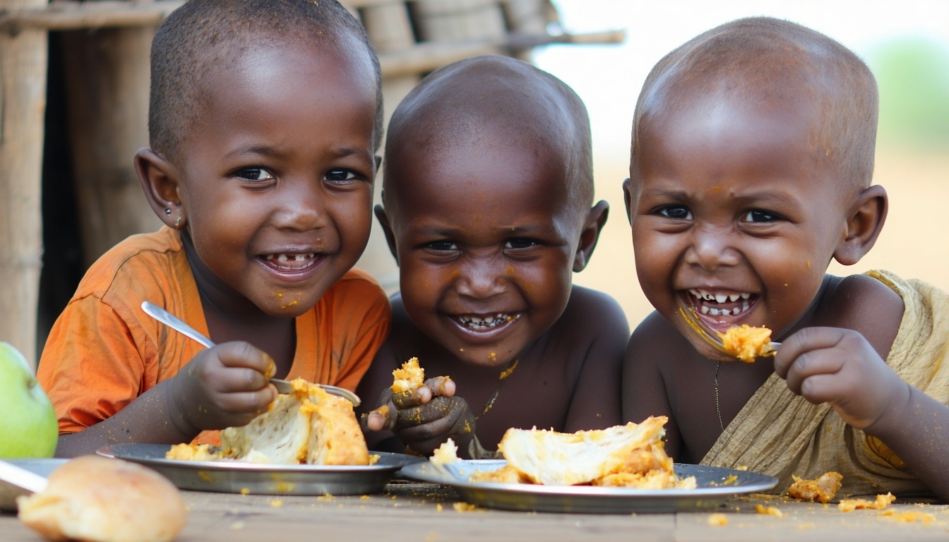 Happy children in a third world country eating together