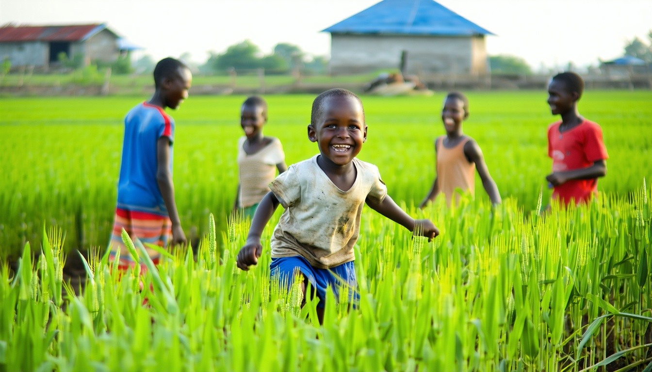 Happy children in a third world country playing in a field of crops