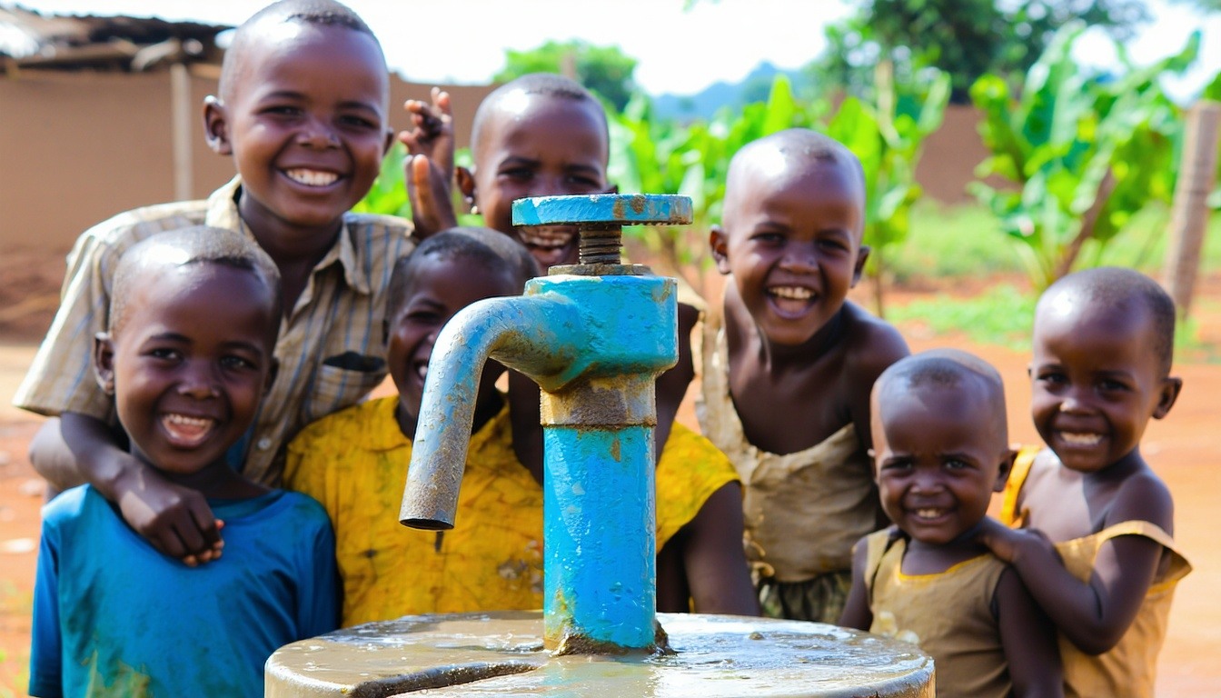 a brand new Hand pump in a third world country with children smiling around it-1