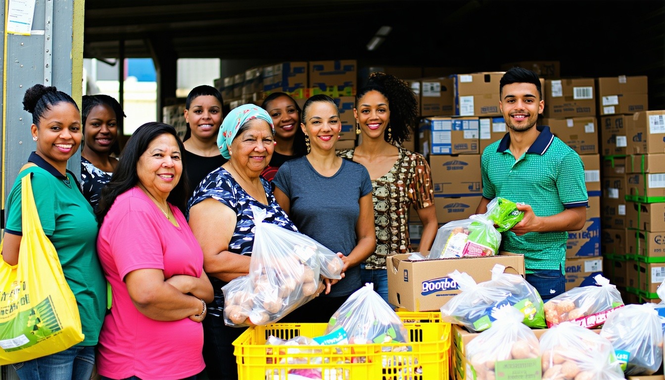 mixed ethnic background people in a community food bank